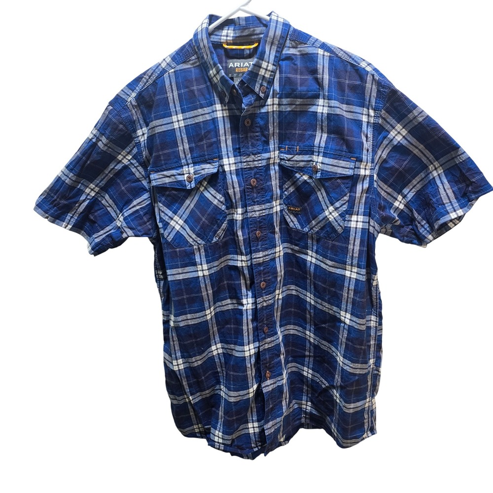 ARIAT REBAR Mens Plaid Short‎ Sleeve Button Up Shirt Blue Gray Size L